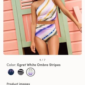 Lands' End Women's One Shoulder Swimsuit - Egret White Ombre Stripes